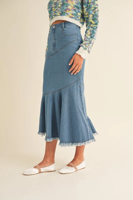 Flared Fringe Hem Denim Skirt - Image 2