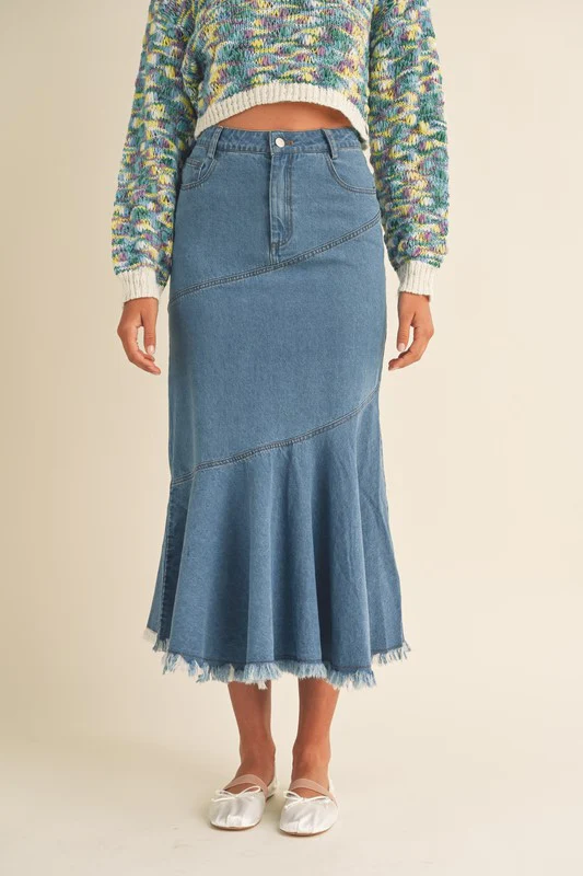 Flared Fringe Hem Denim Skirt - Image 4